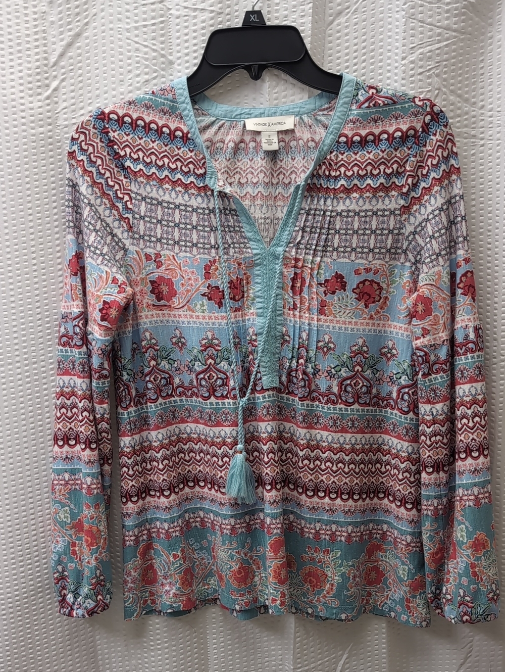 Vintage America Light Blue Red Floral Boho Tunic Top